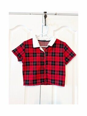 BRANDY MELVILLE Plaid Button Down Cropped Top Red Black Size Small